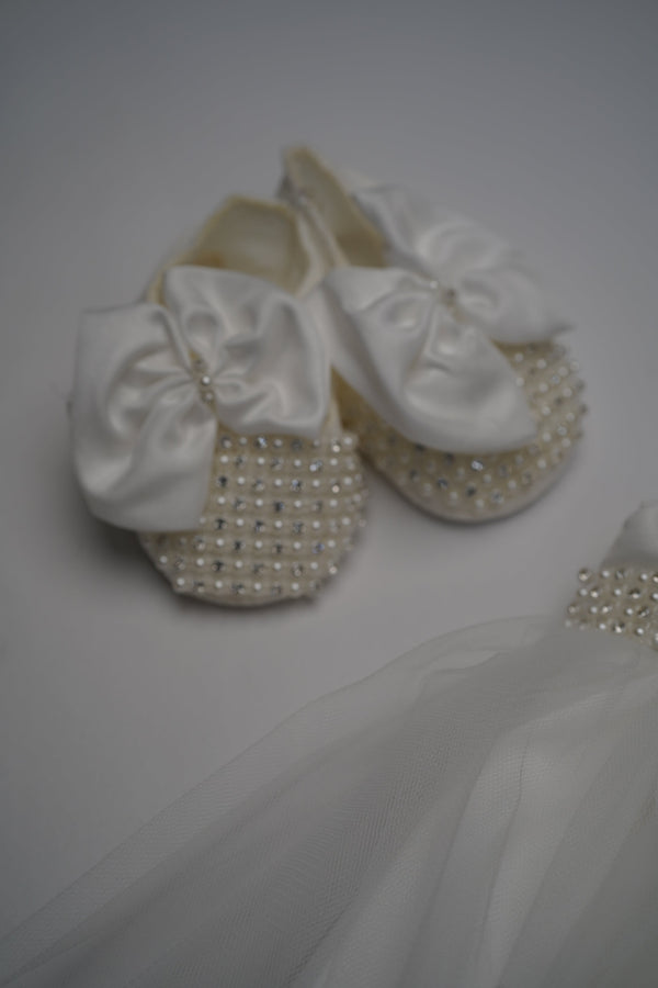 Formal White Embroidered Dress with Band and Shoes (New Born to 12 Months)  B001