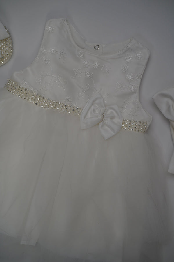 Formal White Embroidered Dress with Band and Shoes (New Born to 12 Months)  B001