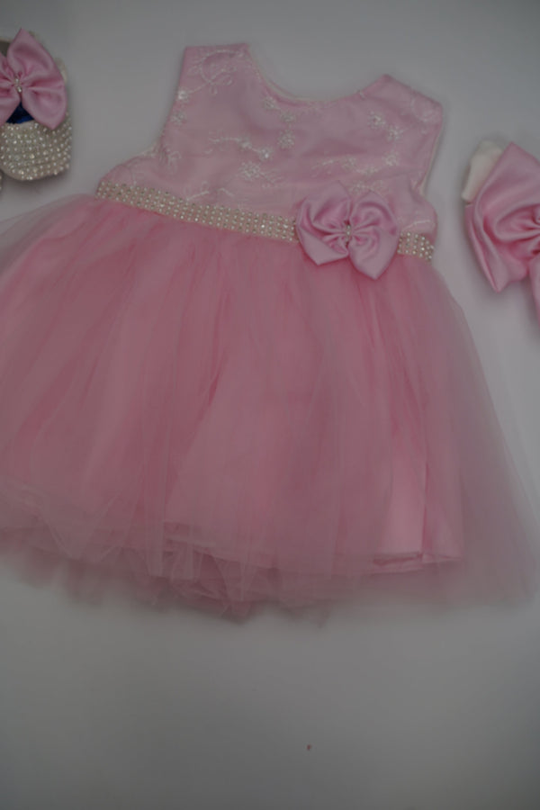 Formal Pink Embroidered Dress with Band and Shoes (New Born to 12 Months) B002
