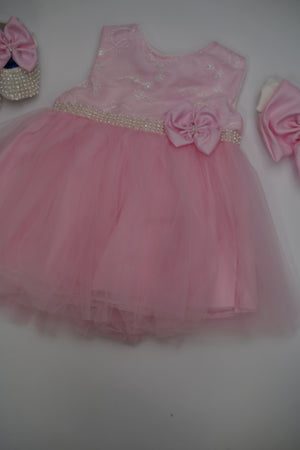 Formal Pink Embroidered Dress with Band and Shoes (New Born to 12 Months) B002
