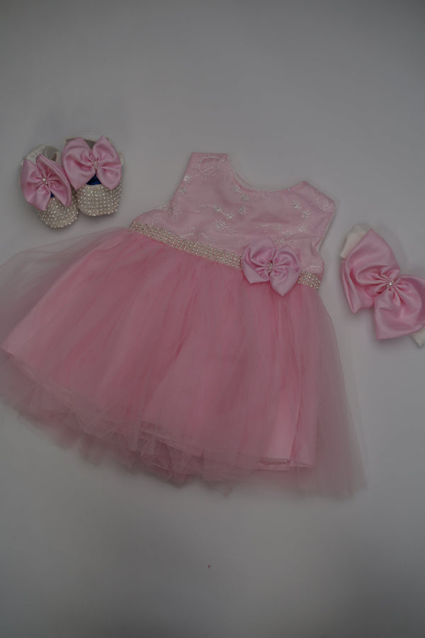 Formal Pink Embroidered Dress with Band and Shoes (New Born to 12 Months) B002