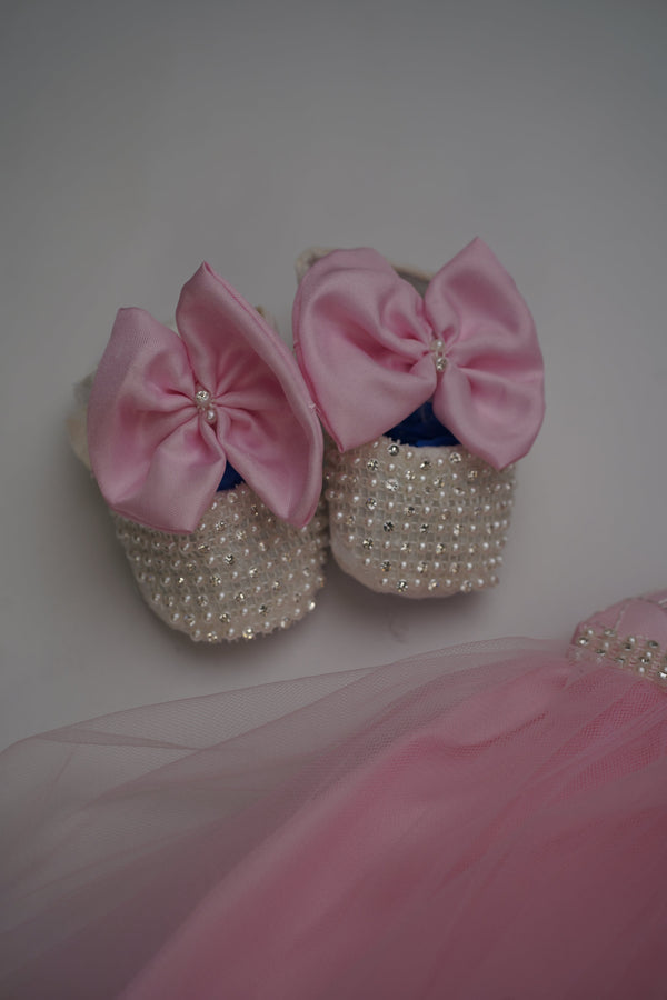 Formal Pink Embroidered Dress with Band and Shoes (New Born to 12 Months) B002