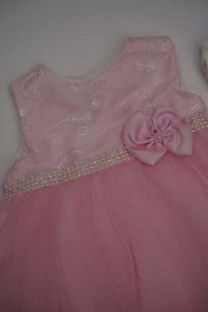 Formal Pink Embroidered Dress with Band and Shoes (New Born to 12 Months) B002