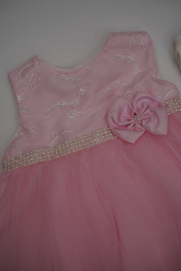 Formal Pink Embroidered Dress with Band and Shoes (New Born to 12 Months) B002