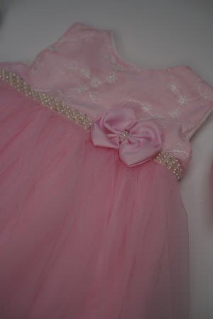 Formal Pink Embroidered Dress with Band and Shoes (New Born to 12 Months) B002