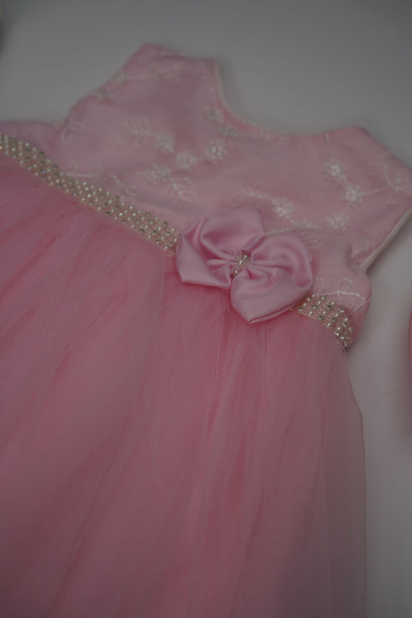 Formal Pink Embroidered Dress with Band and Shoes (New Born to 12 Months) B002