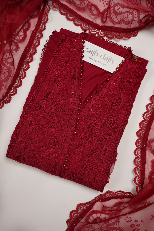 Maria B Inspired-Luxury Embroidered  cotton Lawn Outfit with Net Dupatta - Ready to Wear   PD079