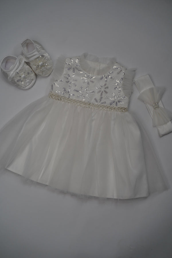 Formal White Embroidered Dress with Band and Shoes (New Born to 9 Month) B007