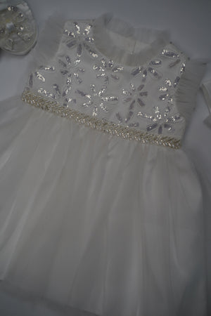 Formal White Embroidered Dress with Band and Shoes (New Born to 9 Month) B007