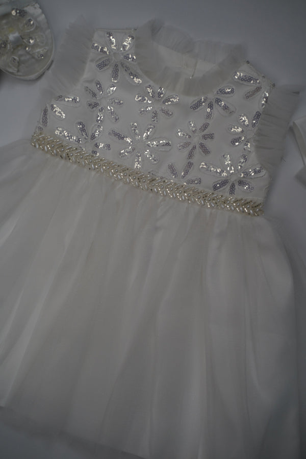 Formal White Embroidered Dress with Band and Shoes (New Born to 9 Month) B007