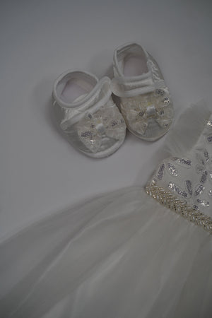 Formal White Embroidered Dress with Band and Shoes (New Born to 9 Month) B007