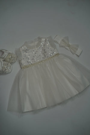 Formal White Embroidered Dress with Band and Shoes (New Born to 9 Month) B007