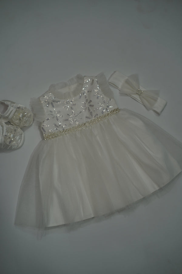 Formal White Embroidered Dress with Band and Shoes (New Born to 9 Month) B007