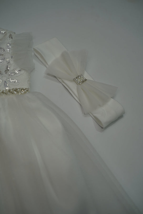 Formal White Embroidered Dress with Band and Shoes (New Born to 9 Month) B007
