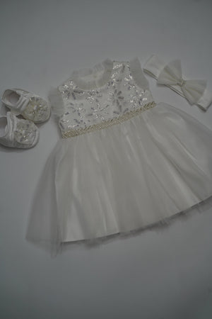 Formal White Embroidered Dress with Band and Shoes (New Born to 9 Month) B007