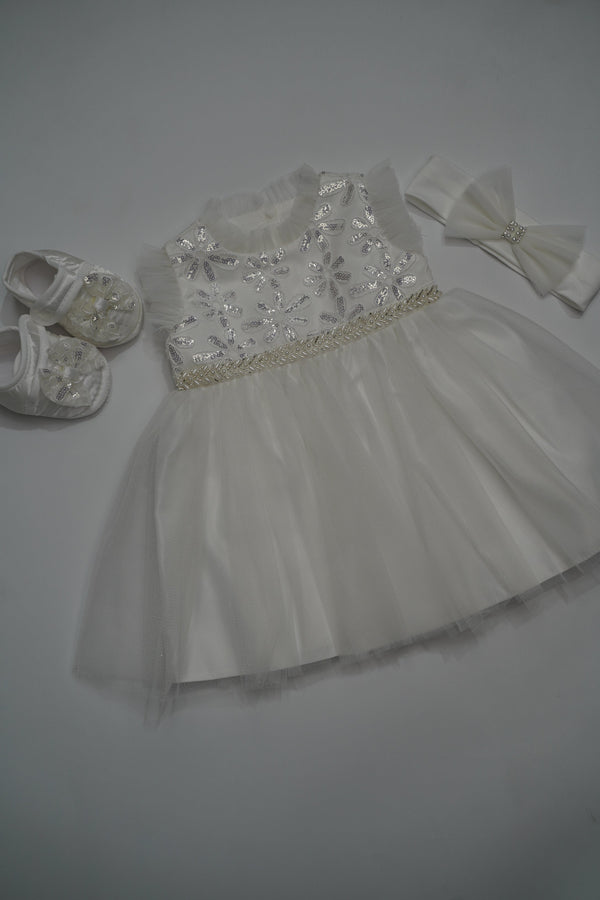 Formal White Embroidered Dress with Band and Shoes (New Born to 9 Month) B007