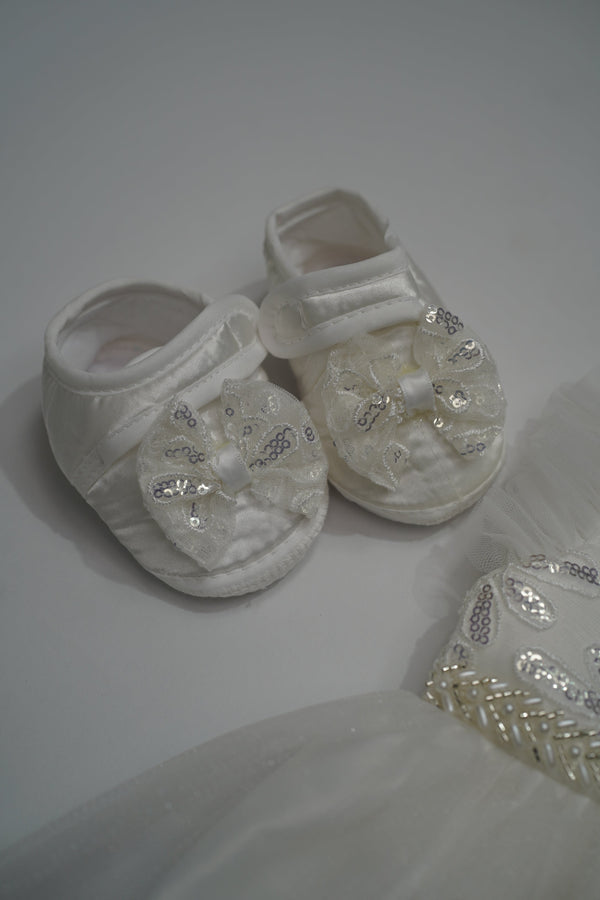 Formal White Embroidered Dress with Band and Shoes (New Born to 9 Month) B007