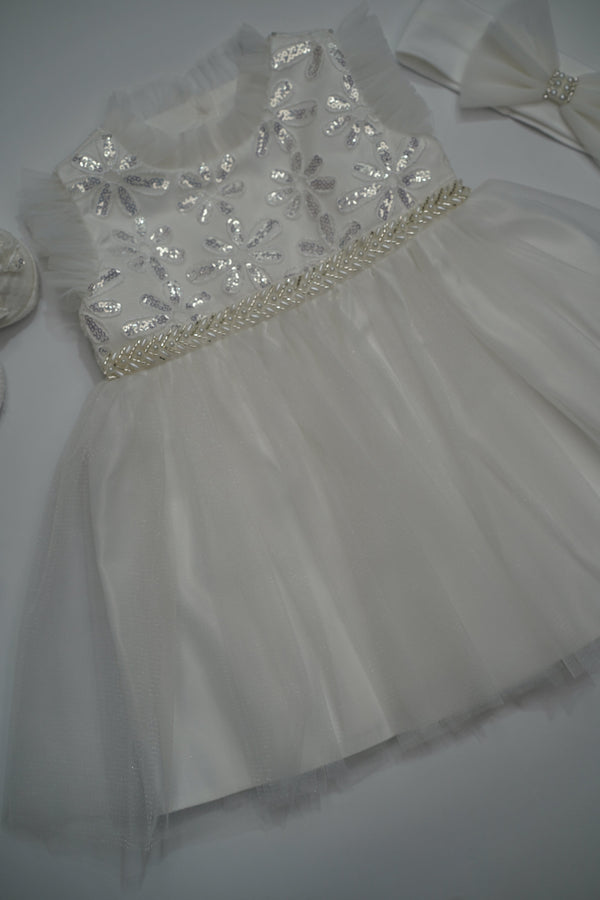 Formal White Embroidered Dress with Band and Shoes (New Born to 9 Month) B007