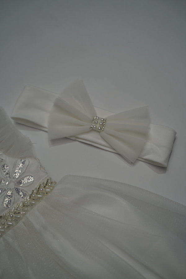 Formal White Embroidered Dress with Band and Shoes (New Born to 9 Month) B007