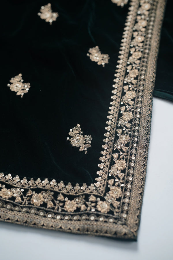 Rozi - Luxury Velvet Outfit with Embroidered Velvet Shawl - Emerald Green