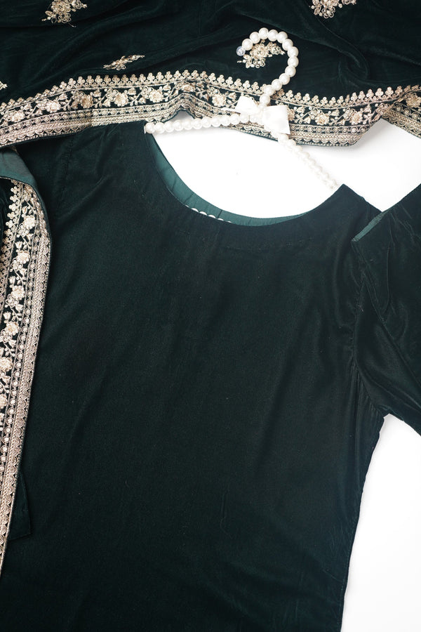 Rozi - Luxury Velvet Outfit with Embroidered Velvet Shawl - Emerald Green