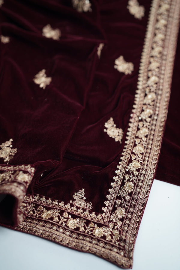 Rozi - Luxury Velvet Outfit with Embroidered Velvet Shawl  - Ready to Wear - SbVel01