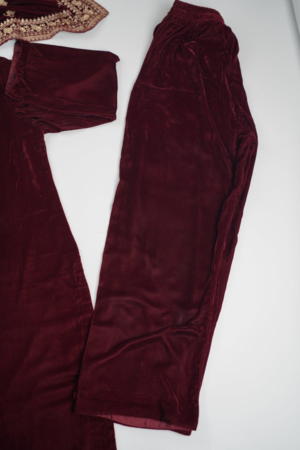 Rozi - Luxury Velvet Outfit with Embroidered Velvet Shawl  - Ready to Wear - SbVel01