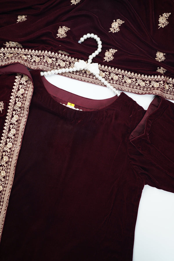 Rozi - Luxury Velvet Outfit with Embroidered Velvet Shawl  - Ready to Wear - SbVel01