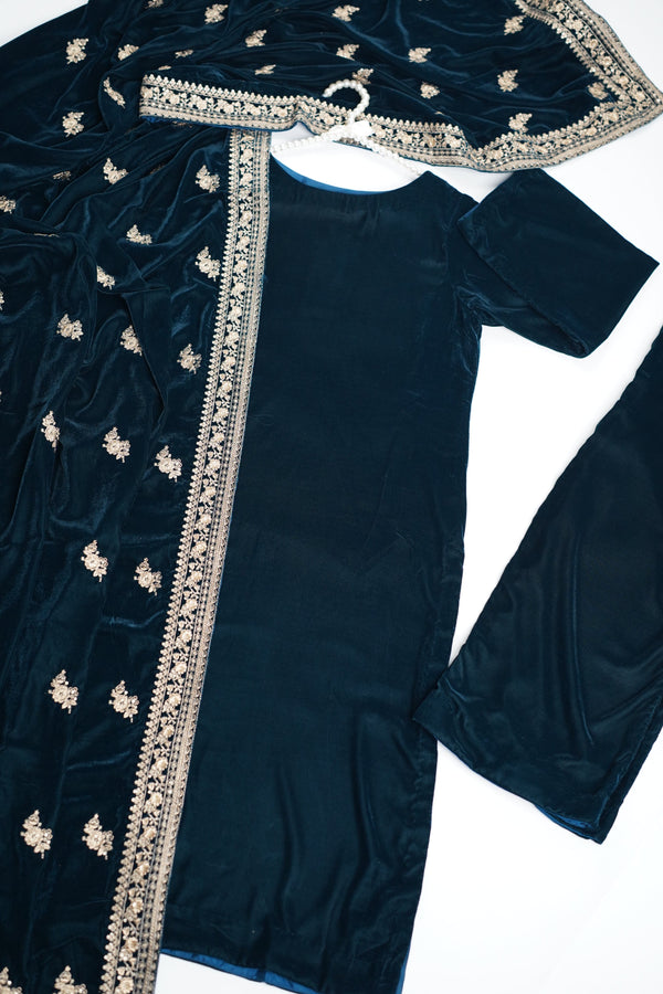 Rozi - Luxury Velvet Outfit with Embroidered Velvet Shawl - Zinc