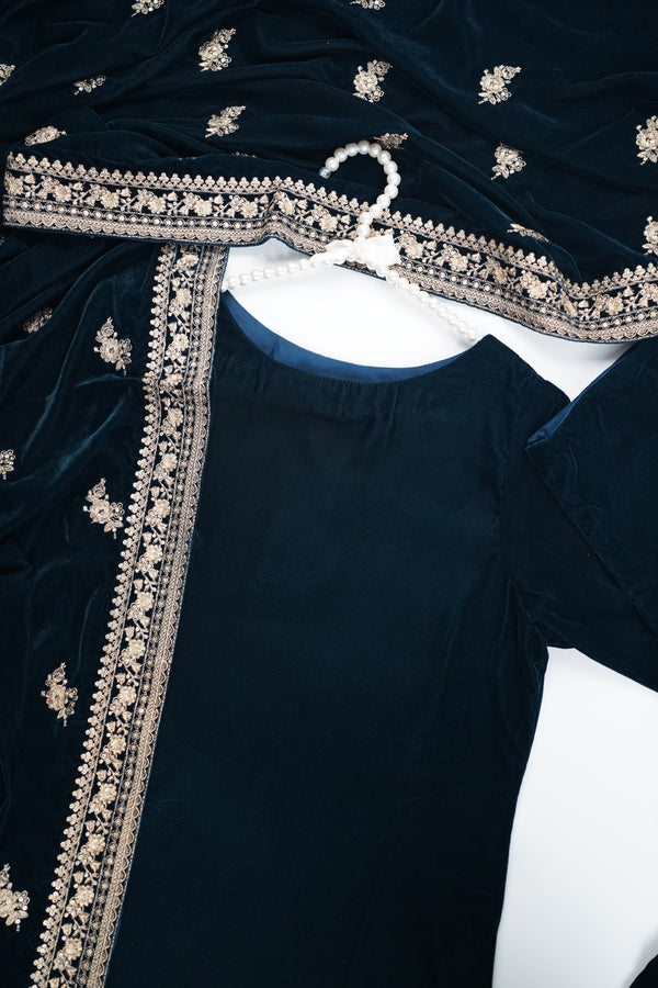 Rozi - Luxury Velvet Outfit with Embroidered Velvet Shawl - Zinc