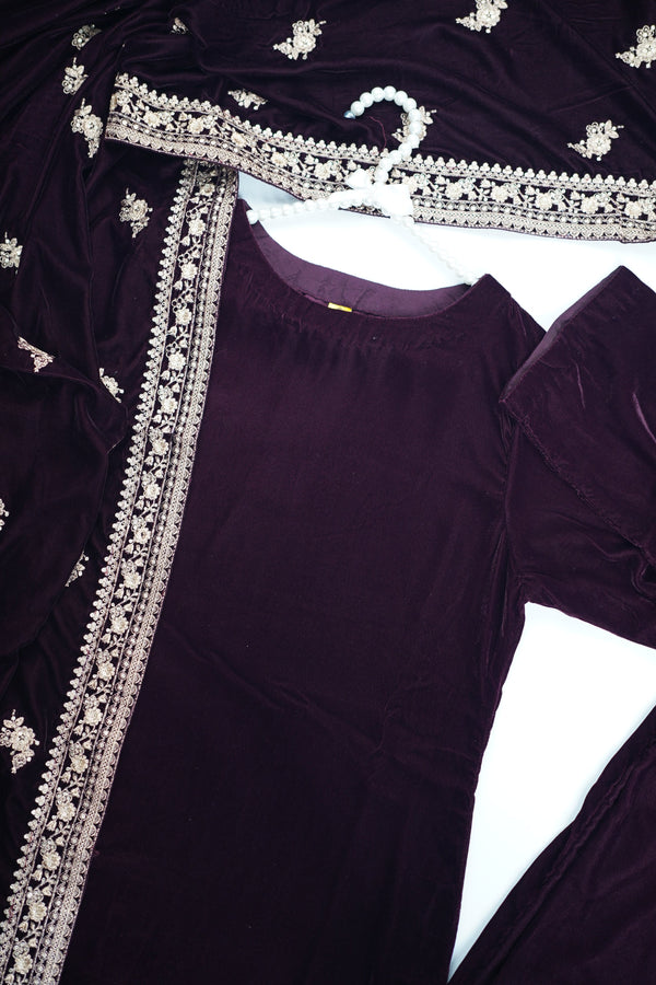 Rozi - Luxury Velvet Outfit with Embroidered Velvet Shawl - Plum