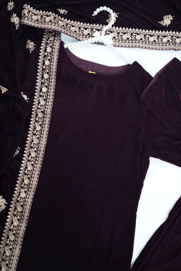 Rozi - Luxury Velvet Outfit with Embroidered Velvet Shawl - Plum