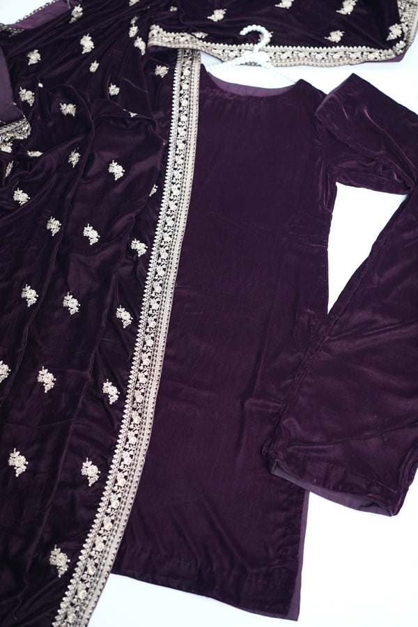 Rozi - Luxury Velvet Outfit with Embroidered Velvet Shawl - Plum