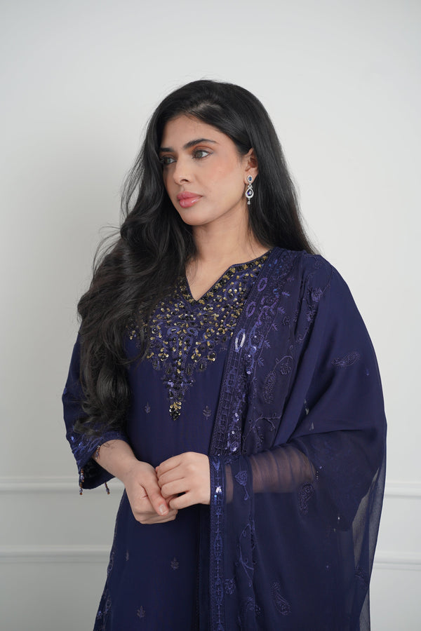 Husan e Jahan - Luxury Chiffon Outfit with Chiffon Dupatta And Plazzo - Ready to Wear - SB01