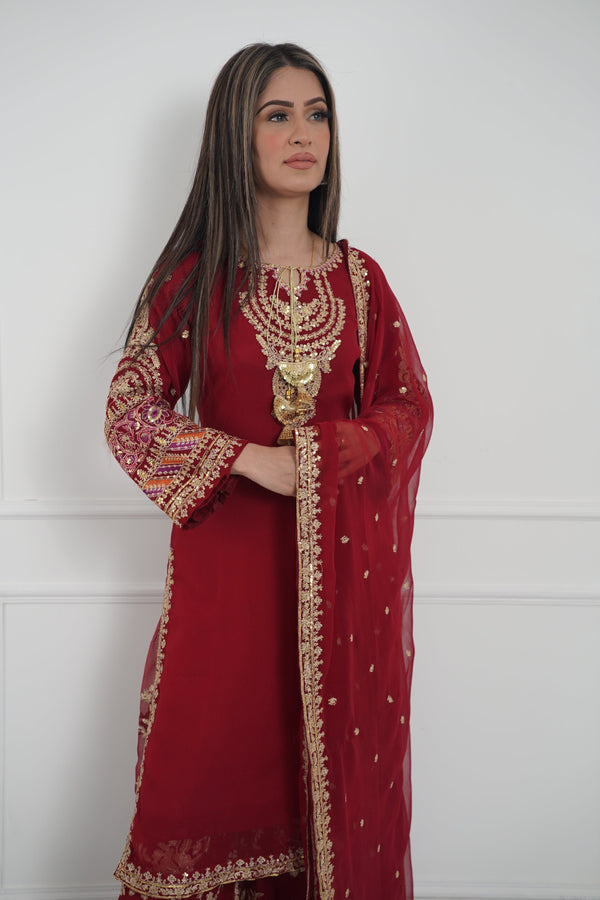 Eid outfit - Chiffon Outfit with Chiffon Dupatta and Plazzo - Ready to Wear MC254