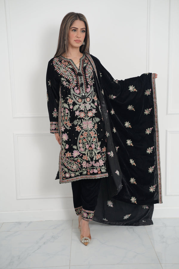 Rozi - Luxury Velvet Outfit with Embroidered Velvet Shawl - SB-Velvet-01