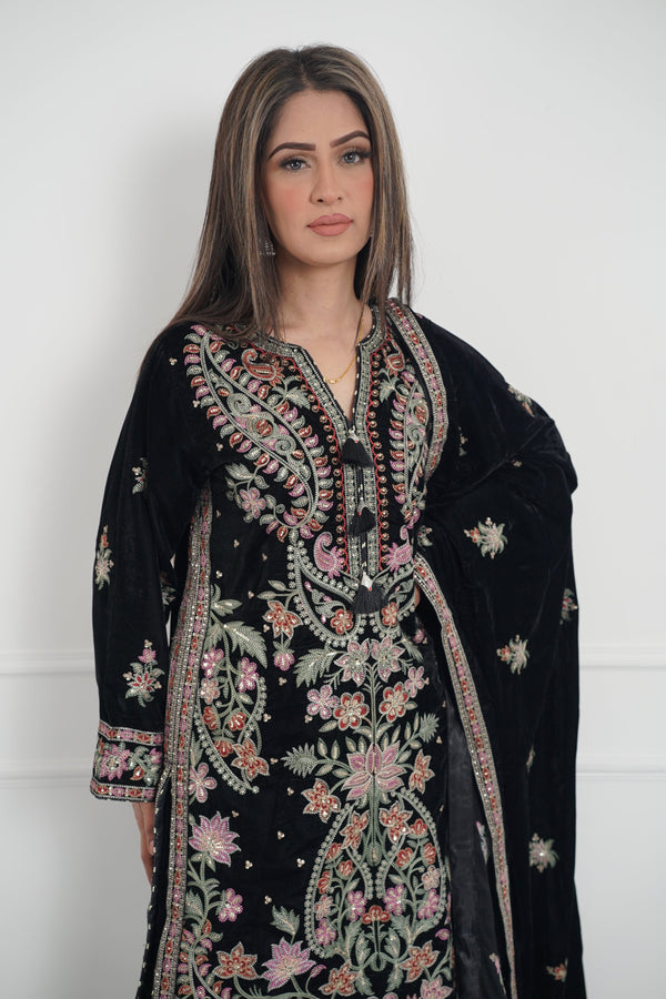 Rozi - Luxury Velvet Outfit with Embroidered Velvet Shawl - SB-Velvet-01