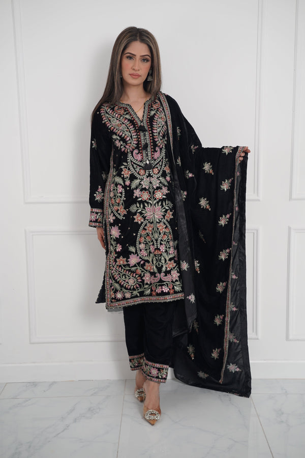 Rozi - Luxury Velvet Outfit with Embroidered Velvet Shawl - SB-Velvet-01