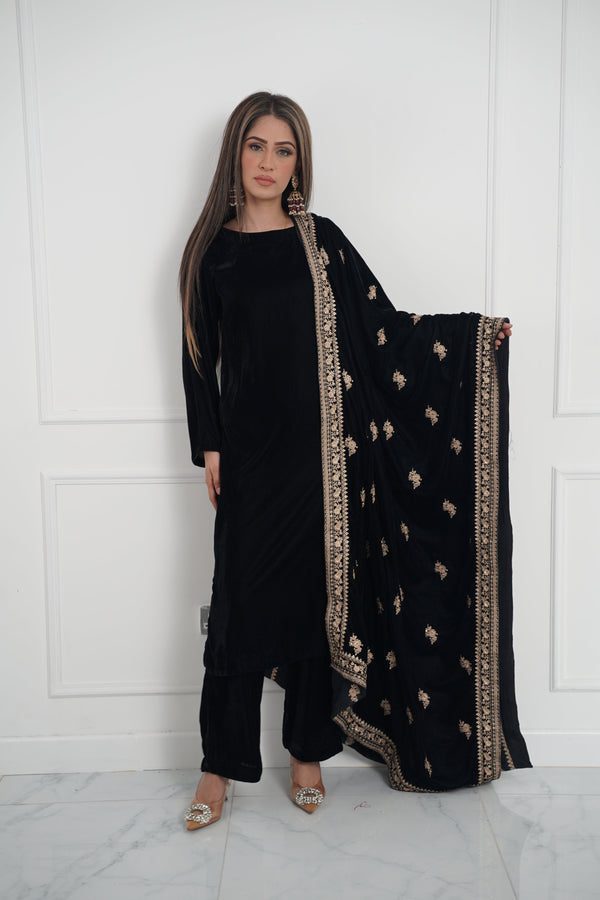 Rozi - Luxury Velvet Outfit with Embroidered Velvet Shawl - Black