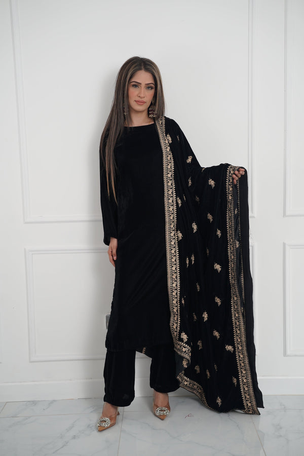 Rozi - Luxury Velvet Outfit with Embroidered Velvet Shawl - Black