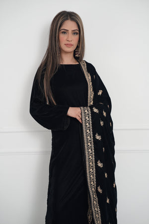Rozi - Luxury Velvet Outfit with Embroidered Velvet Shawl - Black