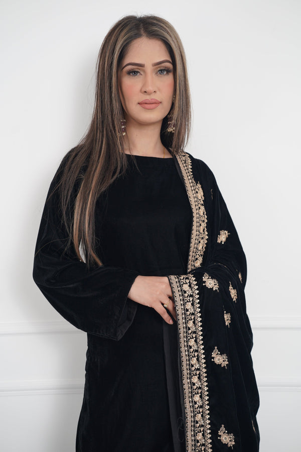 Rozi - Luxury Velvet Outfit with Embroidered Velvet Shawl - Black