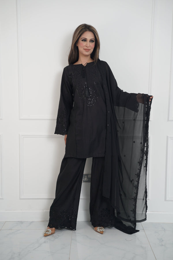 Rozi  - Exclusive Cotton  Outfit with Dupatta - Ready to Wear - MC336 Black- Eid Volume 5