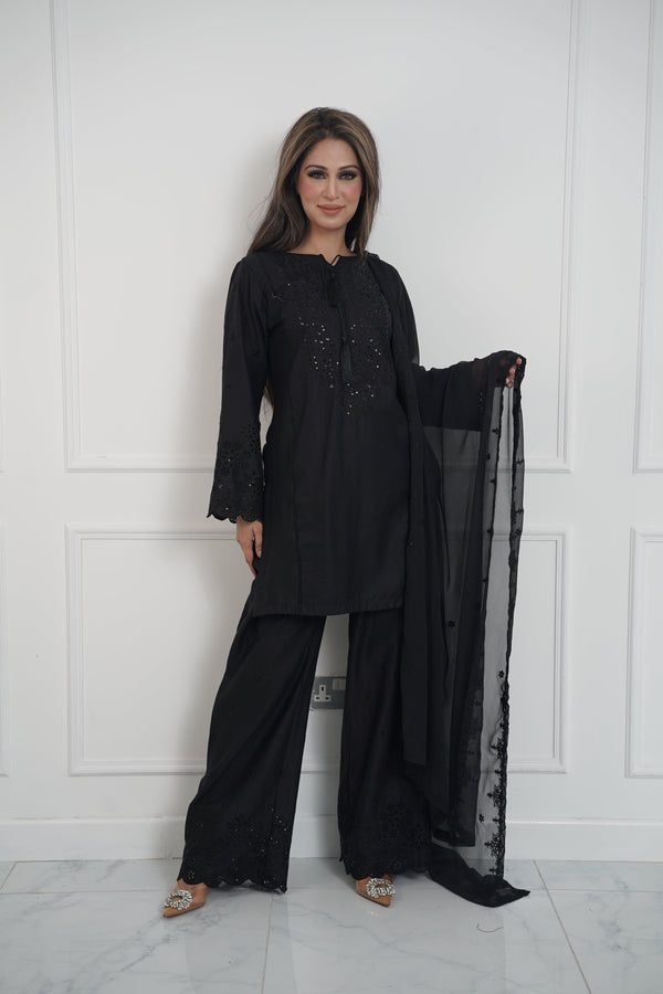 Rozi  - Exclusive Cotton  Outfit with Dupatta - Ready to Wear - MC336 Black- Eid Volume 5