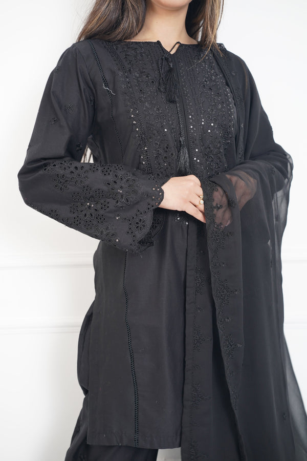 Rozi  - Exclusive Cotton  Outfit with Dupatta - Ready to Wear - MC336 Black- Eid Volume 5