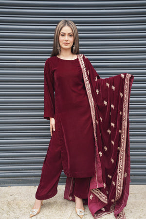 Rozi - Luxury Velvet Outfit with Embroidered Velvet Shawl  - Ready to Wear - SbVel01