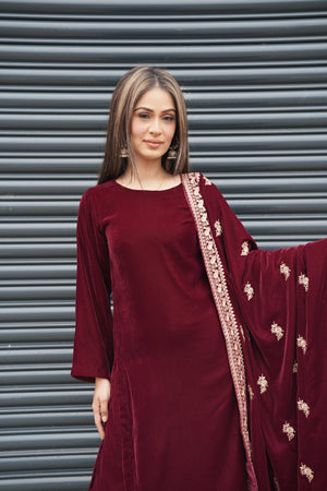 Rozi - Luxury Velvet Outfit with Embroidered Velvet Shawl  - Ready to Wear - SbVel01