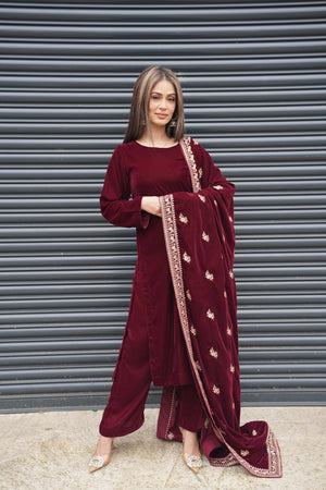 Rozi - Luxury Velvet Outfit with Embroidered Velvet Shawl  - Ready to Wear - SbVel01