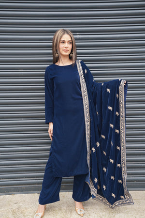 Rozi - Luxury Velvet Outfit with Sequin Embroidered Velvet Shawl - Navy Blue-SB