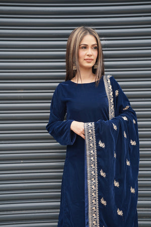 Rozi - Luxury Velvet Outfit with Sequin Embroidered Velvet Shawl - Navy Blue-SB